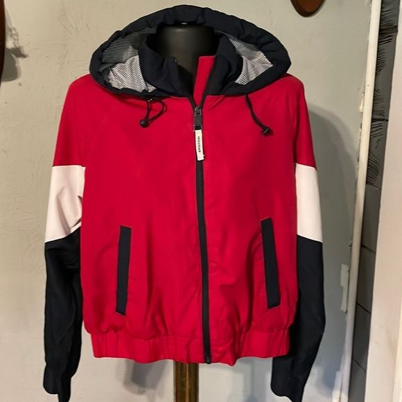 Medium Hollister red blue white long sleeve removable hood lined jacket coat - Picture 1 of 13